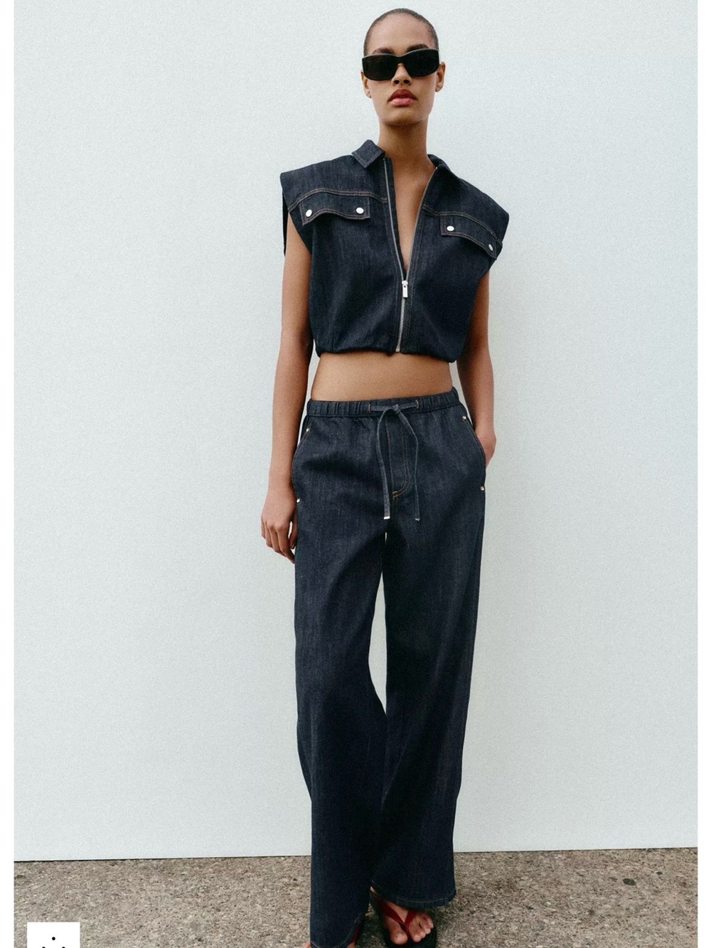 Zara Z1975 Dark Indigo Cropped Zip Denim Vest & Wide-Leg Pants